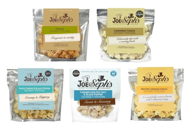 Joe & Seph's Savoury Popcorn Tasting Selection (5x30g) | Goats Cheese & Black Pepper, Cheddar Cheese, Truffle, Cheddar Cheese & Chilli and Camembert Cheese, gourmet popcorn, air-popped popcorn | BEST BEFORE DATE 30/09/2024