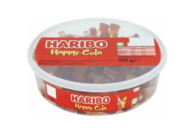 Haribo Happy Cola Bottles Tub 492g Cola Flavored Gummy Sweets Best Before 30/08/2024