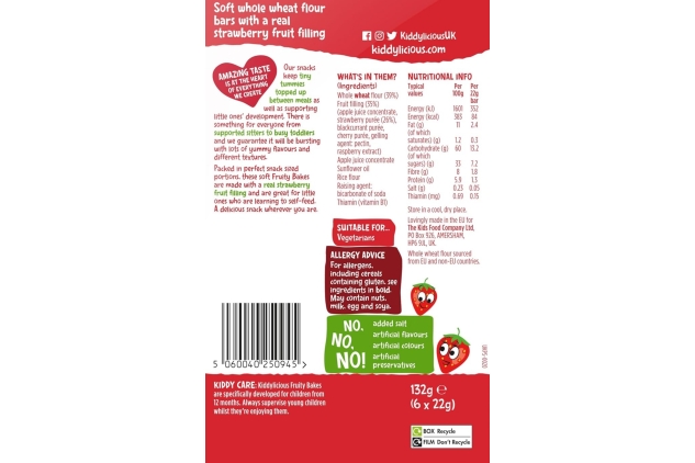 Kiddylicious Strawberry Fruity Bakes - Delicious Snacks for Kids with Real Fruit Centre - Suitable for 18+ Months - 8 Packs of 6 (48 Total) BEST BEFORE DATE 30/09/2024