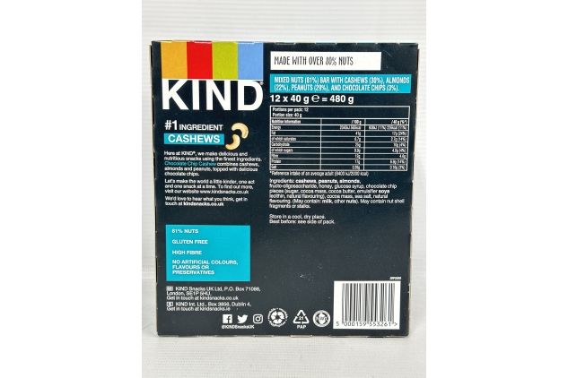 KIND Bars | High Fibre, Gluten Free Snack Bars | Chocolate Chip Cashew | 12 x 40g | Best Before Date 30/10/2024