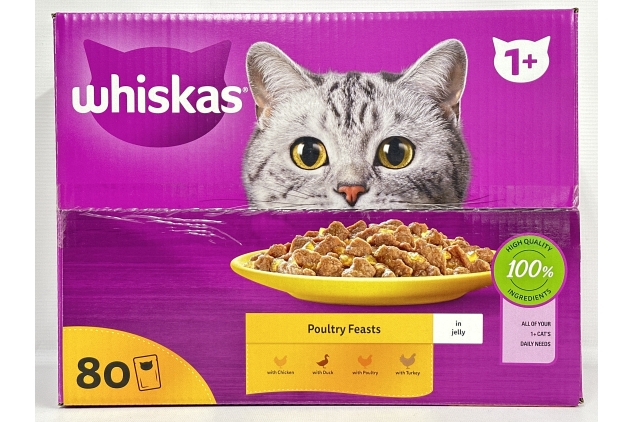 Whiskas 1+ Adult Poultry Selection in Jelly 80 Pouches, Adult Wet Cat Food, Megapack (80 x 85 g)