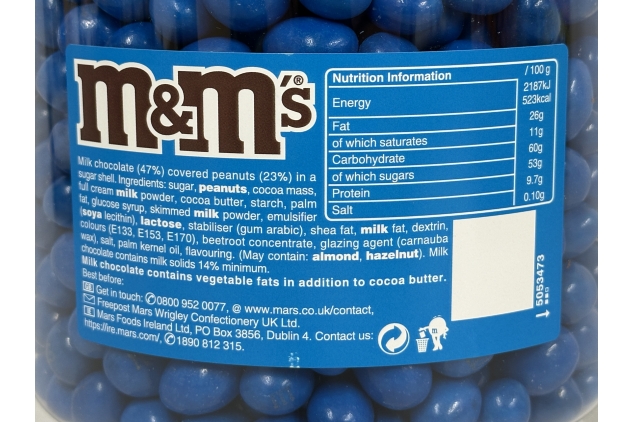 M&M's Peanut Chocolate BLUE Colour Bulk Buy Sweets, 4kg Tub | Christmas Theme | Displays | BBE 29/12/2024