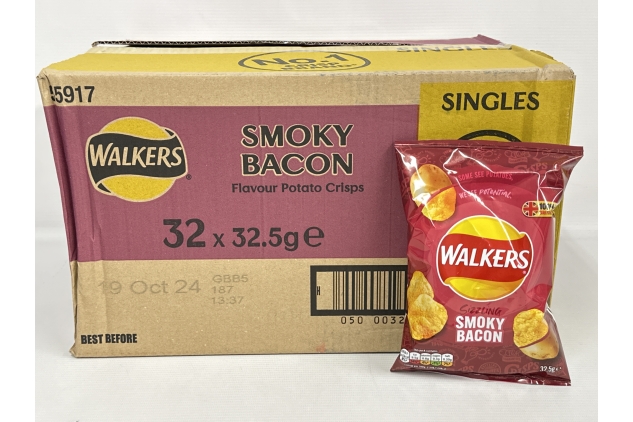 Walkers Smoky Bacon Crisps Snack Packs, 32.5g Bags (32 Bags x 32.5g) BEST BEFORE DATE 19/10/2024