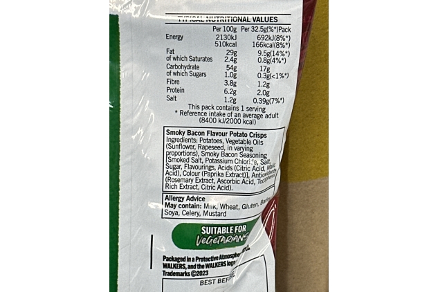 Walkers Smoky Bacon Crisps Snack Packs, 32.5g Bags (32 Bags x 32.5g) BEST BEFORE DATE 19/10/2024