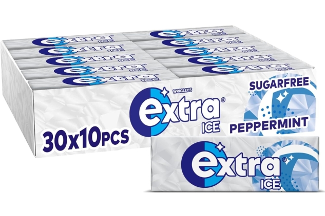 Extra Ice Peppermint Flavour Xylitol Sugarfree Chewing Gum Bulk Box, 30 Packs of 10 Pieces (300 Pieces) Damaged Outer Packaging