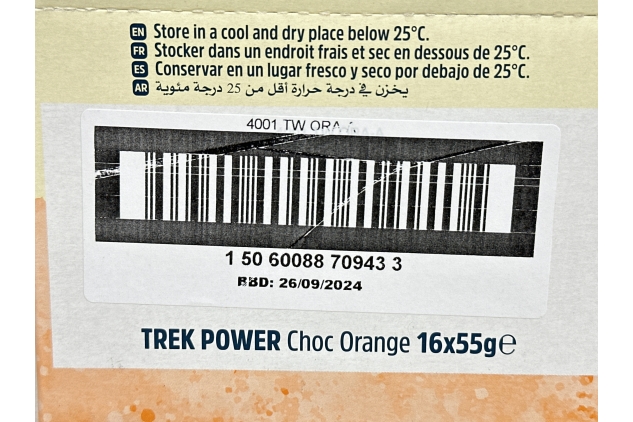 TREK Protein Power Bar Chocolate Orange, Plant Based, Gluten Free, Vegan Snack, 55 g x 16 Bars | BEST BEFORE DATE 26/09/2024