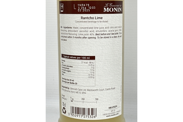 Monin Lime Rantcho Concentrate Syrups and Cordials 700ml | Glass Bottle | BBE 31/03/2025