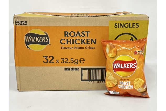 Walkers Roast Chicken Crisps Snack Packs, Standard Bags (32 Bags x 32.5g)