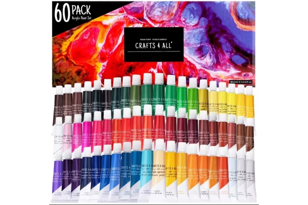 Acrylic Paint Set - 60 Paints for Canvas, Wood, Ceramic & Fabric – Non-Toxic, Vibrant Pigments for Beginners, Students and Professional Artists - Art Craft Supplies | Great Gift Christmas Present