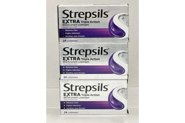 3 X 24 Strepsils Extra Triple Action  blackcurrant lozenges