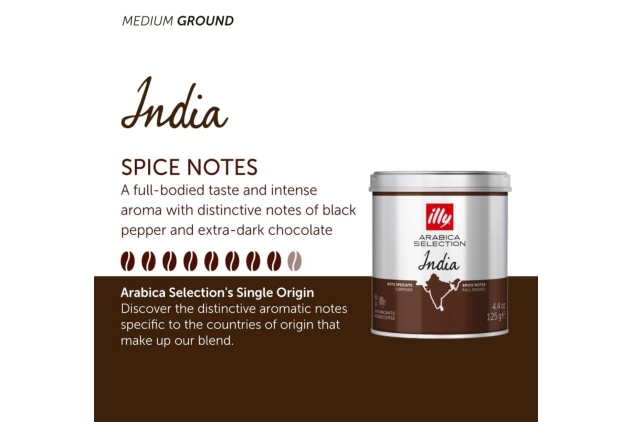 Illy Arabica Selection INDIA Caffe Macinato Ground Coffee 125g (Pack of 12) BBE 31/01/2025