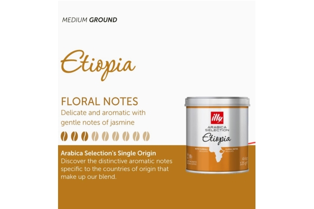 Illy Ground Coffee ETIOPIA Luxury Arabica Selection 125g (Pack Of 12) Caffe Macinato | Floral Notes