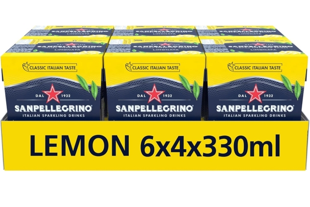 San Pellegrino Italian Sparkling Drinks Classic Taste Original Sparkling Lemon Canned Soft Drink 24 Pack (6 Pack x 4 x 330ml) Best Before Date 31/10/2024