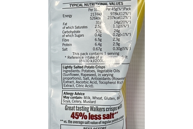 Walkers Less Salt Lightly Salted 45G (Case of 32) BEST BEFORE DATE 26/10/2024