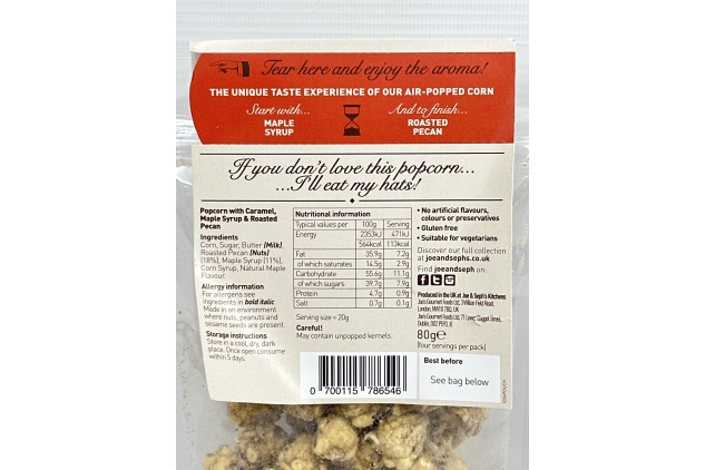 Joe & Seph's Maple Syrup & Roasted Pecan Gourmet Popcorn (1 X 80g) BEST BEFORE DATE 31/10/2024