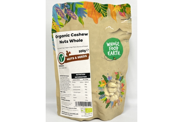 Organic Cashew Nuts Whole – 500g | Raw | GMO Free | Vegan | High Fibre | Source of Protein | BEST BEFORE DATE 27/08/2024