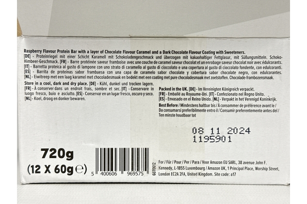 Low Sugar High Protein Bars, Dark Chocolate Raspberry Flavour, 60g, Pack of 24 | Best Before Date 08/11/2024