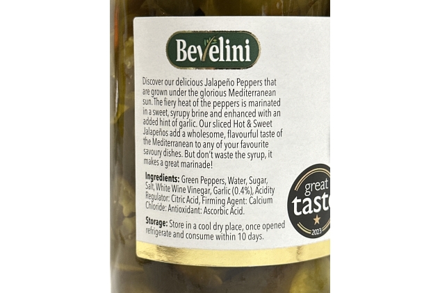 Bevelini Mediterranean Sliced Green Hot and Sweet Jalapenos in Sweet Brine 400g (Pack of 6)