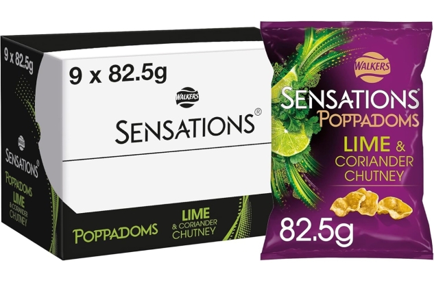 Sensations Lime & Coriander Chutney Poppadoms, Sharing Bag Crisps Snack 82.5g (Case of 9) Best Before Date 12/10/2024