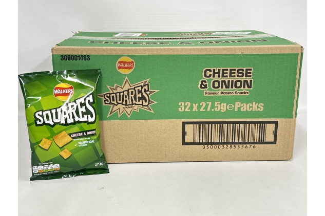 Walkers Squares Crisps Snack 27.5g X 32 Bags | CHEESE & ONION Flavour