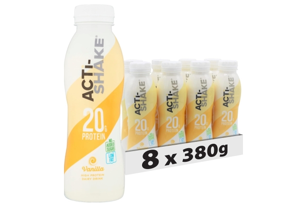 Acti-Shake Vanilla High Protein Dairy Drink 380g (Pack of 8) - 20g of Protein per bottle- Ready to Drink - Low Fat and No Added Sugars - 193 kcal - Multipack