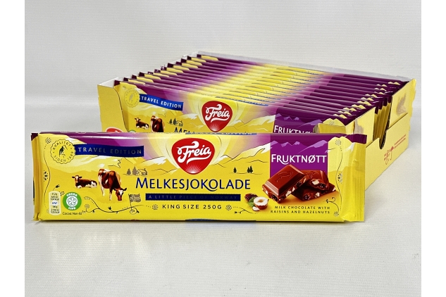 Freia Milk Chocolate with Fruit and Nuts, 250g (PACK OF 13) Duty Free Travel Edition | Mondelez | 3.25kg TOTAL