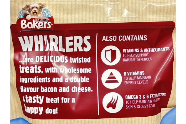 Bakers Whirlers Dog Treat Bacon and Cheese 130g, Pack of 6