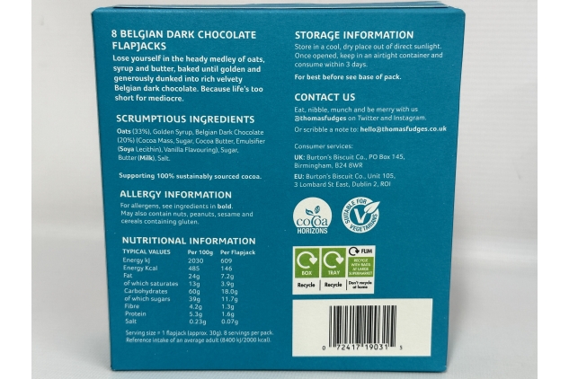 Thomas Fudge’s Belgian Dark Chocolate Flapjacks 8 X 4 Packs