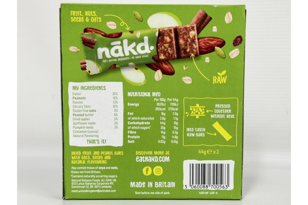 Nakd Apple & Cinnamon Fruit & Fibre Bars - Vegan, Gluten-Free, Healthy Snack, 36 x 44g