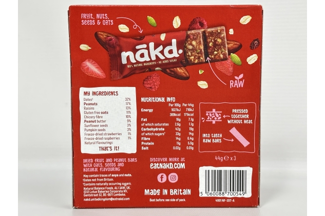 Nakd Strawberry & Raspberry Fruit & Fibre Bars - Vegan, Gluten-Free, 36 x 44g