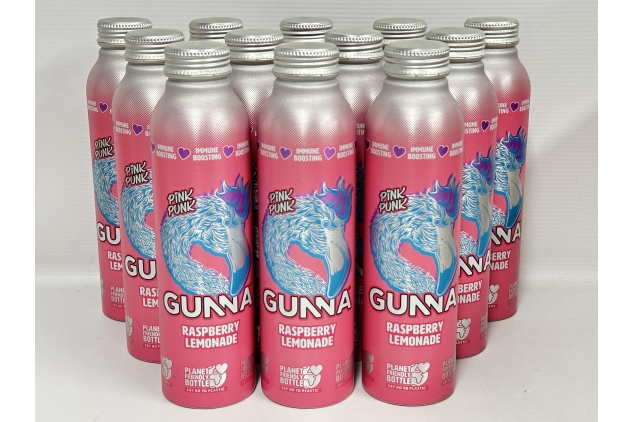 Raspberry Pink Lemonade - Gunna Immune Boosting Fizzy Drink, Vegan, Natural Sparkling Soda, 470ml Aluminium Bottles (Pack of 12)