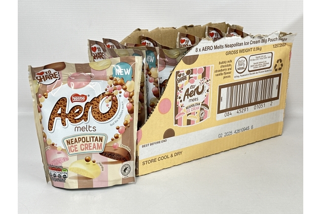 Nestle AERO Melts Neapolitan Ice Cream Pouch 8 X 86g BULK BUY DEAL | Strawberry, Vanilla & Chocolate Flavoured Buttons