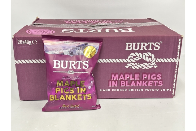 Burts Hand Cooked Crisps | MAPLE PIGS IN BLANKETS Flavour | 20 X 40g Snack Bags