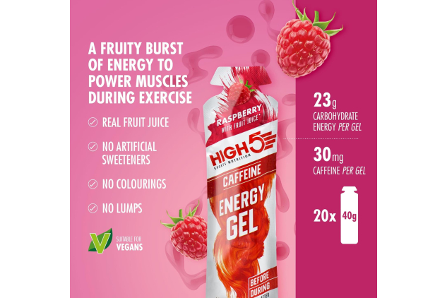 HIGH5 Caffeine Energy Gels | Fast-Acting Sports Gel for Peak Performance | Natural Fruit Juice | Instant Energy Boost for Running, Cycling & Endurance | Raspberry, 20 x 40g