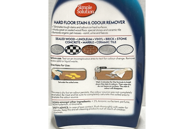 Simple Solution Hard Floor Pet Stain & Odour Remover | Dual Action Cleaner for Hardwood Floors | 750ml