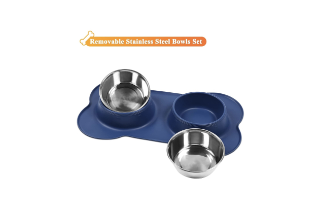 VIVAGLORY Dog Bowl Set 825ml Each Stainless Steel Dog Feeding Bowls with Non-Spill Skid Resistant Silicone Mat Navy Blue