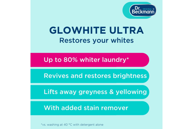 Dr. Beckmann Glowhite Ultra – Brightens White Laundry, Removes Greying (24 Sachets)