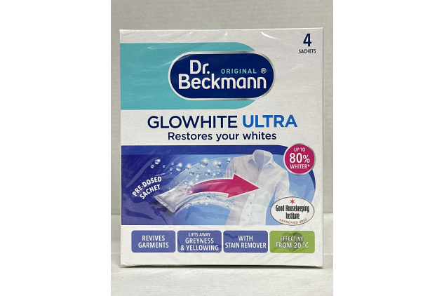 Dr. Beckmann Glowhite Ultra – Brightens White Laundry, Removes Greying (24 Sachets)