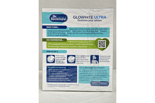 Dr. Beckmann Glowhite Ultra – Brightens White Laundry, Removes Greying (24 Sachets)