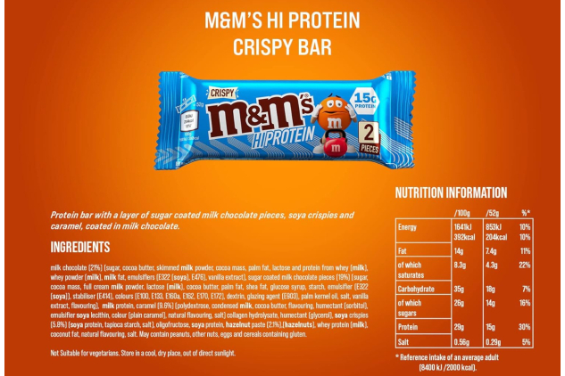 M&Ms Crispy Hi-Protein Bars - BOX OF 9 (52g Each)