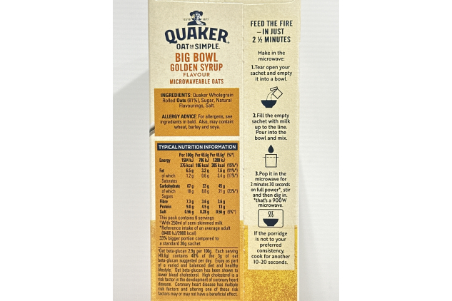 Quaker Oat So Simple Big Bowl – Golden Syrup (6 x 49.6g) | Instant Porridge Sachets