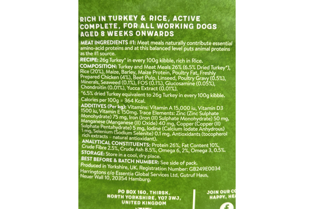 Harringtons Active Worker Complete Turkey & Rice – 15kg | Vat-Free Premium Dog Food