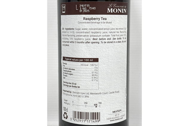 MONIN Premium Raspberry Tea Concentrate – 1L | Hot & Iced Teas, Vegan-Friendly, Allergen-Free, 100% Natural Flavours & Colourings