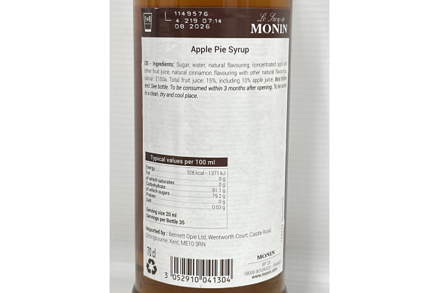 MONIN Premium Apple Pie Syrup 700ml for Cocktails. Vegan-Friendly, Allergen-Free, 100% Natural Flavours and Colourings. Sugar Syrup