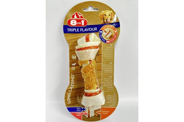 8in1 Triple Flavour Bone Medium | Chewy Dog Bone With Chicken Fillet, Pork Hide & Beef Hide | Long Lasting | 4 Pack