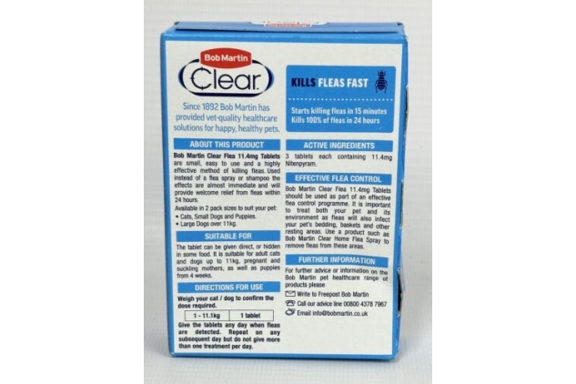 Bob Martin Clear Flea Tablets For Cats. Small Dogs And Puppies. 3 Tablets