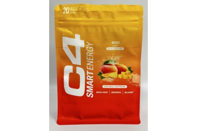 C4 Smart Energy | 20 Nootropic Powder Sachets with Brainberry, L Tyrosine + Natural Caffeine | Promotes Sharp Mental Focus + Wellbeing | Low Calorie Sugar Free Energy Drink | Focus Supplement | Mango