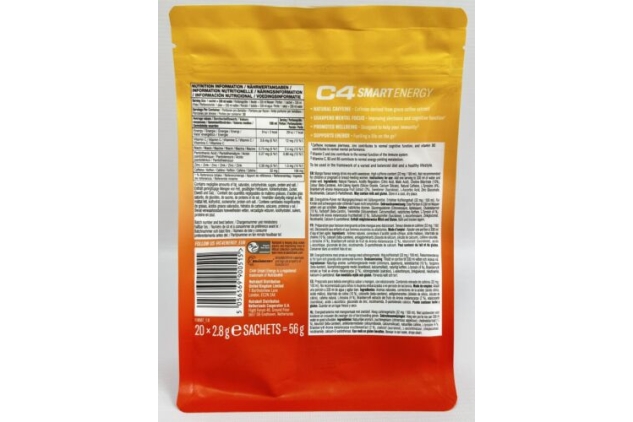 C4 Smart Energy | 20 Nootropic Powder Sachets with Brainberry, L Tyrosine + Natural Caffeine | Promotes Sharp Mental Focus + Wellbeing | Low Calorie Sugar Free Energy Drink | Focus Supplement | Mango