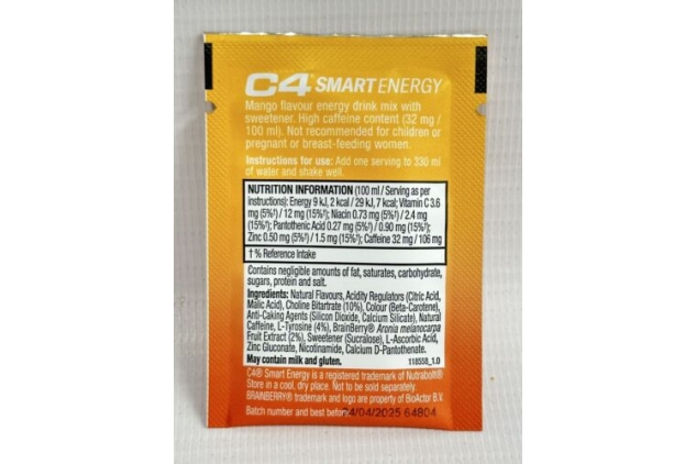 C4 Smart Energy | 20 Nootropic Powder Sachets with Brainberry, L Tyrosine + Natural Caffeine | Promotes Sharp Mental Focus + Wellbeing | Low Calorie Sugar Free Energy Drink | Focus Supplement | Mango