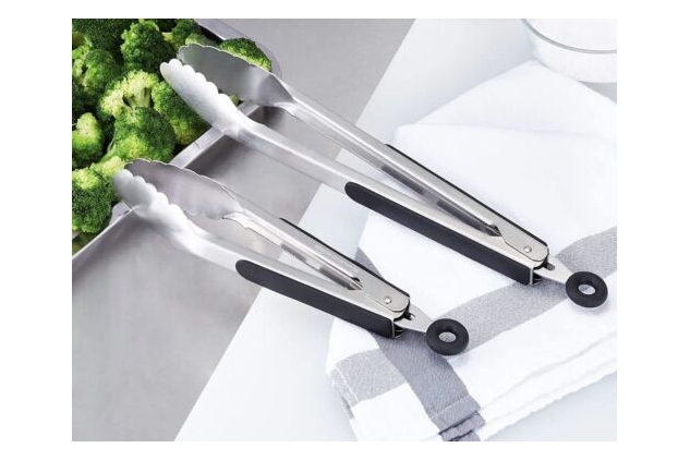 Stainless Steel Kitchen Tongs Non-Slip Grip 2 Size Pack Set 22.9 & 30.5 cm Black